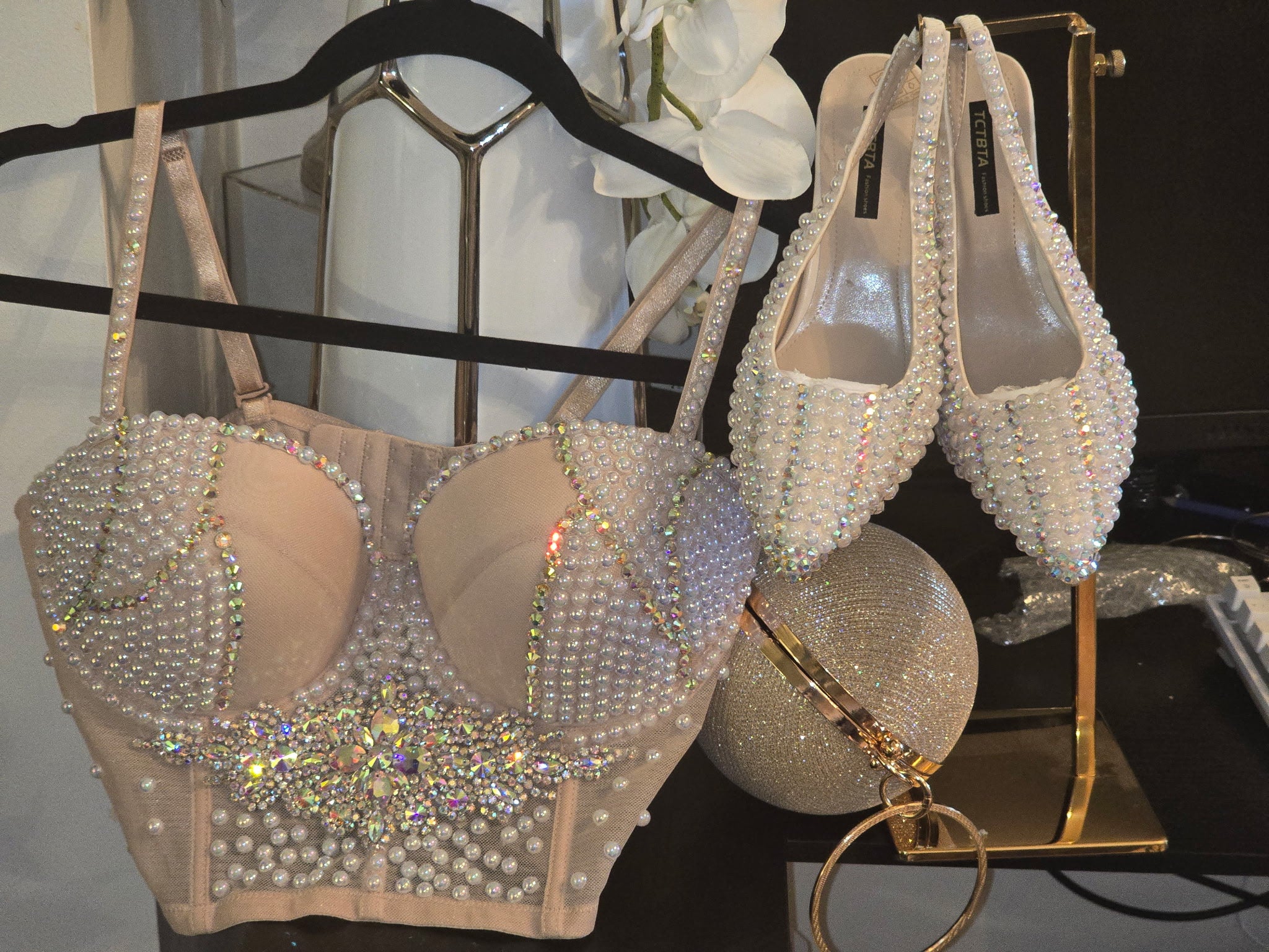 Handmade pearly white pearlescent bedazzled slingback heels