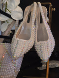 Handmade pearly white pearlescent bedazzled slingback heels
