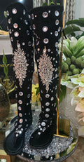 Crystal open toe knee high flat sandal gladiator boot