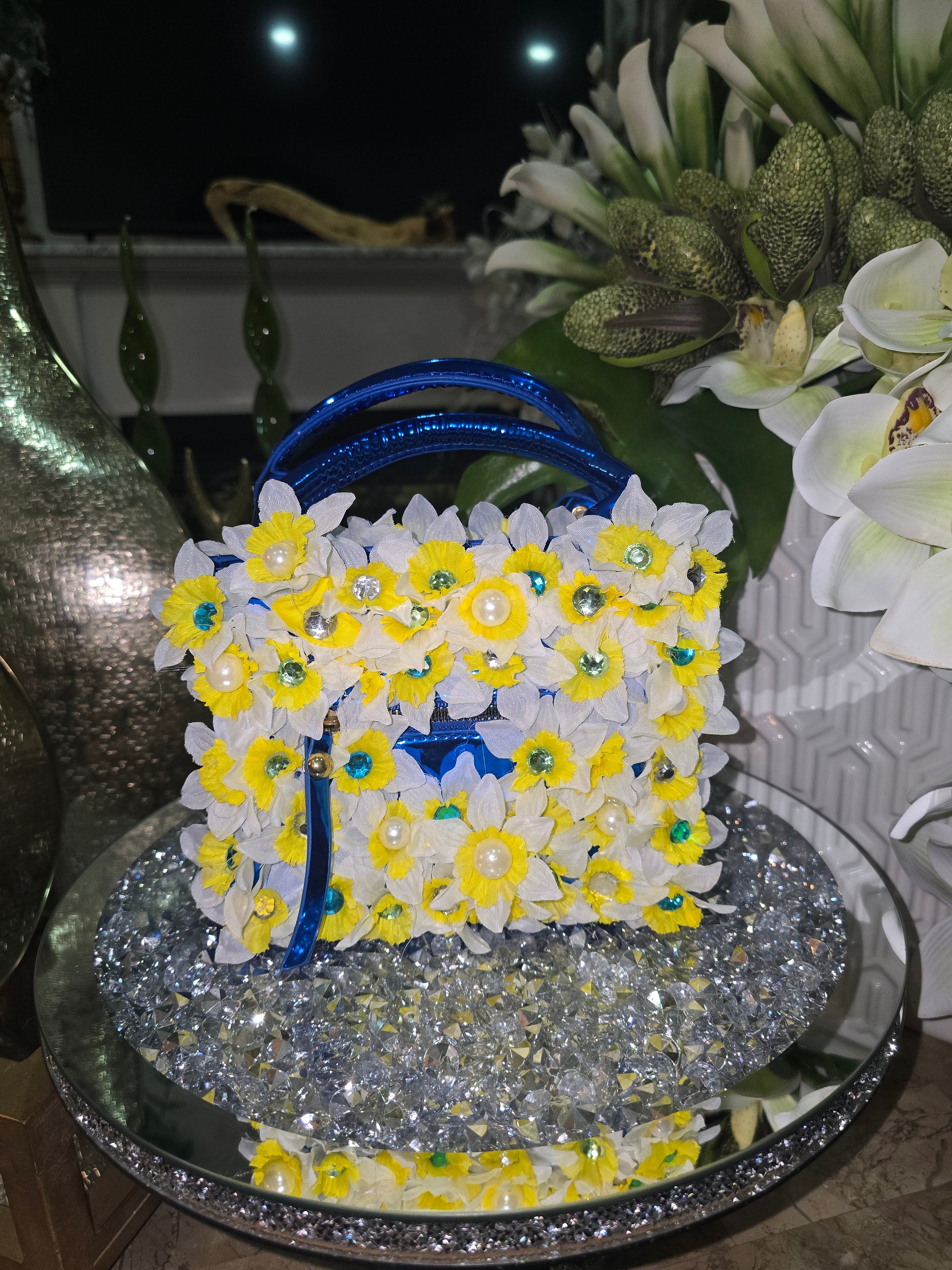 Blue Metallic flower handbag