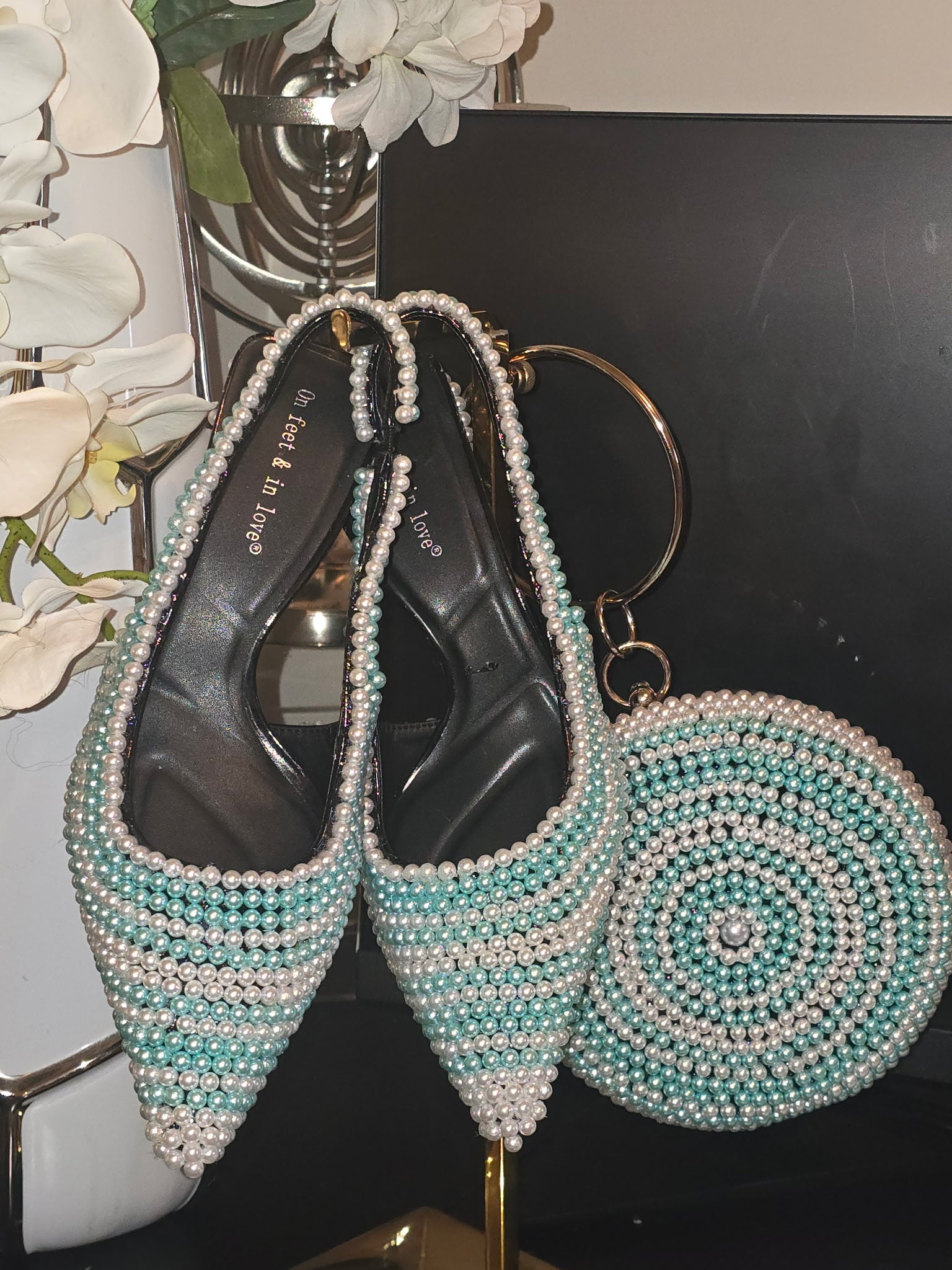 Above the clouds blue and white pearl clutch