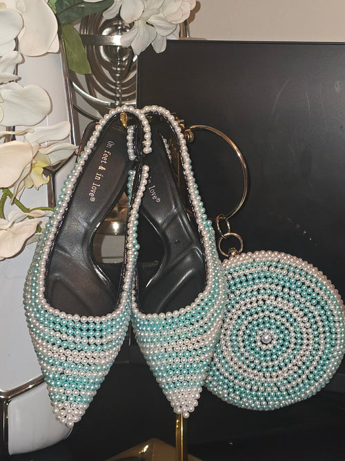 Above the clouds blue and white pearl clutch